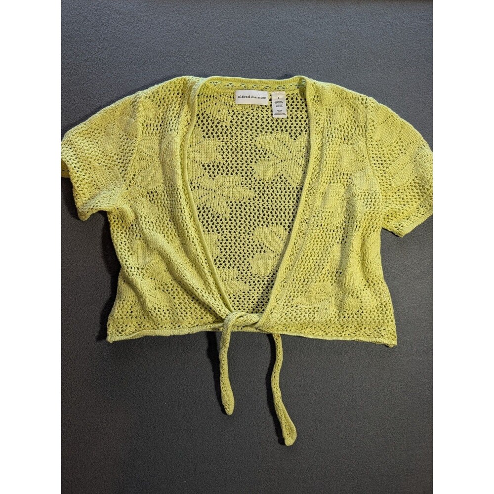 Alfred Dunner Women’s S Green Crochet Open Knit Tie Front Shrug Cardigan Y2K
